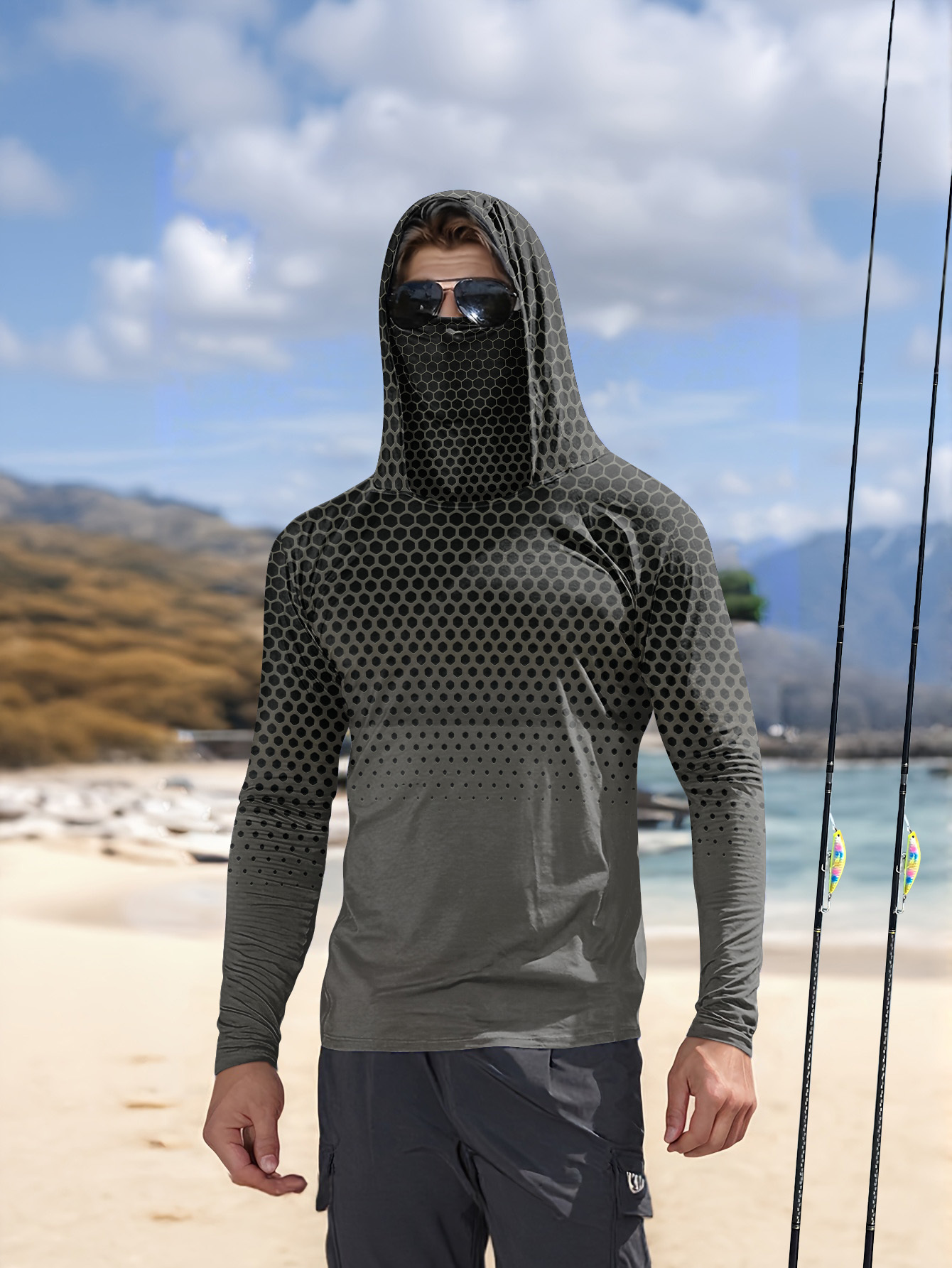 Fishing Hoodie - قميص صيد رجالي بقلنسوة وتصميم خلية